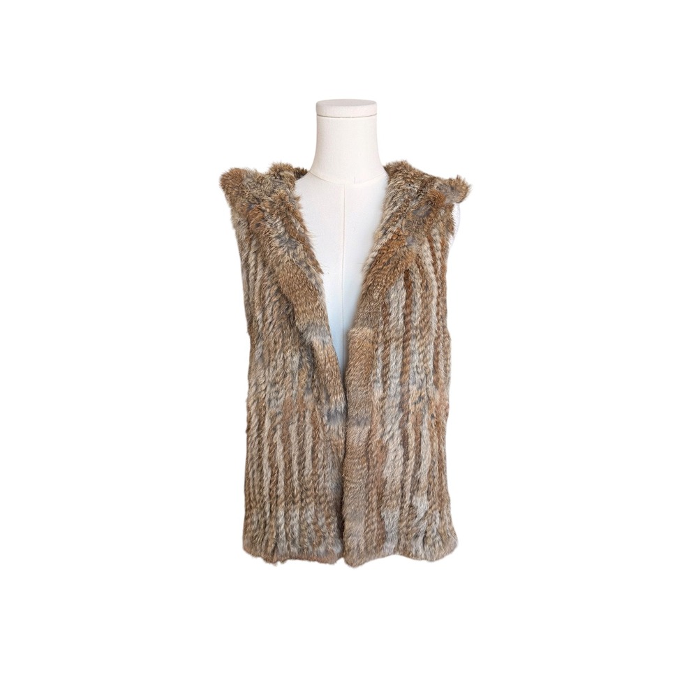 Neiman Marcus Rabbit Fur Hooded Vest Brown Grey Size M Luxury Winter Gilet